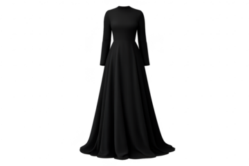 Elegant long black dress on transparent background for digital design.