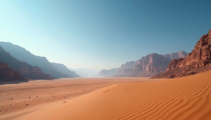 Naklejka premium Vast desert canyon with orange sand dunes under clear blue sky. Tall rock formations cast shadows across barren landscape. Remote arid terrain offers solitude and adventure travel.