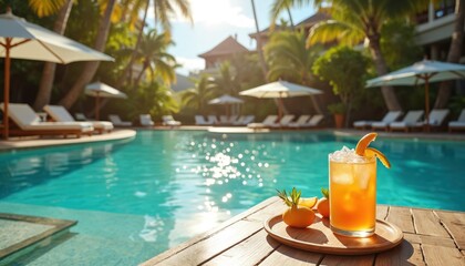 Obraz premium Clear turquoise water pool at luxury resort with lounge chairs, umbrellas. Tropical palm trees surround serene swimming area. Refreshing orange cocktail with ice, citrus garnish waits on wooden table.
