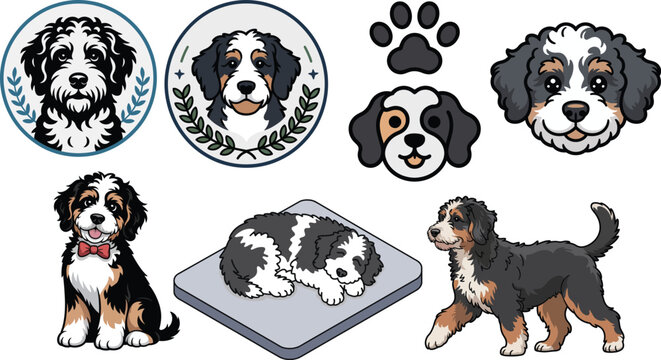 Bernedoodle cute puppies in various poses with paw print badge set