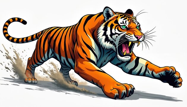 Powerful tiger runs fast across ground kicking up dust. Fierce predator shows open mouth fangs eyes glowing green. Dynamic illustration of wild cat charging forward with speed.
