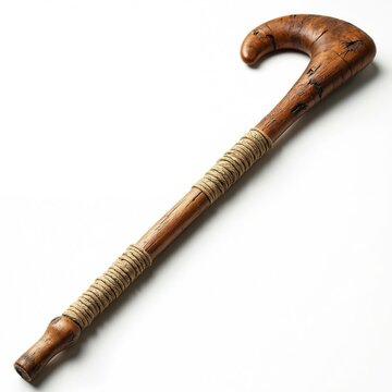 Old wooden hurley stick isolated on white background. Traditional Irish Gaelic sports equipment. Curved head wrapped handle. Rustic athletic object for game.