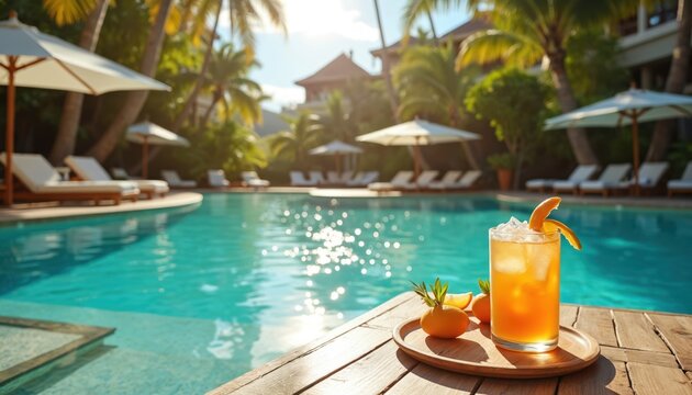 Clear turquoise water pool at luxury resort with lounge chairs, umbrellas. Tropical palm trees surround serene swimming area. Refreshing orange cocktail with ice, citrus garnish waits on wooden table.