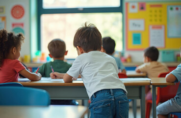 Young diverse kids sit at desks in classroom writing during lesson. Children learn together at elementary school. Teacher helps with study in kindergarten.