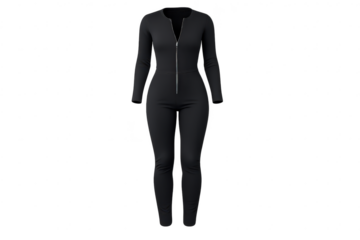 Black catsuit mockup with transparent background and zipper detail.