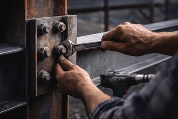 Worker hands tightening bolt with wrench on steel structure, construction site, industrial maintenance, close up view of manual labor and metalwork
