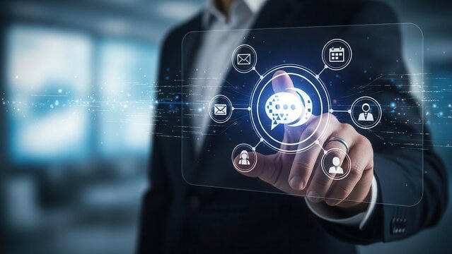 Closeup Businessman Hand using AI agent interface for smart automation and digital communication. Concept of artificial intelligence, chatbot, virtual assistant, and generative AI technology - Powered by Adobe