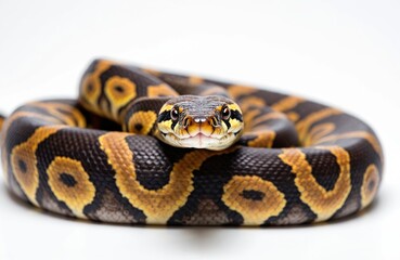 Obraz premium Coiled python snake with brown and yellow patterns. Reptile faces camera on white background. Snake shows scales and eyes. Wild animal looks ahead.
