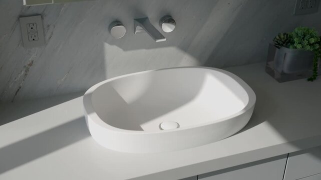 Bathroom sink shows oval white vessel on light counter, wall faucet with two round handles above. Small plant in square pot adds touch of green, marble backsplash