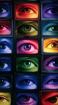 Wall of retro CRT TVs displaying blinking human eyes. 90s VHS aesthetic with colorful glitch effect and static noise. Abstract surveillance, technology and media concept. Vertical video background.