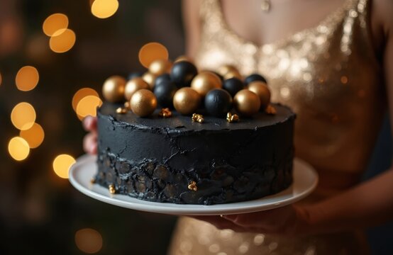 Person holds fancy black cake with gold balls and decorations. Celebrate birthday party or anniversary with festive dessert. Sweet treat for special event with bokeh lights.