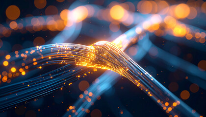 Illuminated Fiber Optic Cables: Abstract vision of glowing fiber optic cables representing the interconnectedness of global digital communication in data flow.