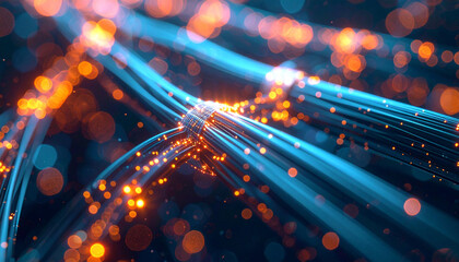 Digital Flow: An abstract display of luminous fibers, each carrying data signals within a complex network, radiating energy and representing technological advancement.