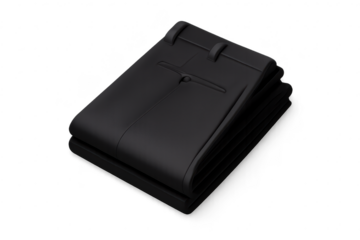 Folded black pants on a transparent background for retail display.