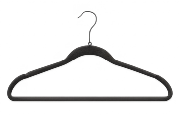 Isolated black clothes hanger on transparent background in studio shot.