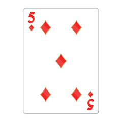 Obraz premium Five of diamonds. Playing card with golden elements. Casino icons. Pictograms representing different suits. Vector illustration. Flat design for modern visual elements.