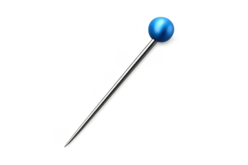 Blue push pin with long shadow, isolated on transparent background.