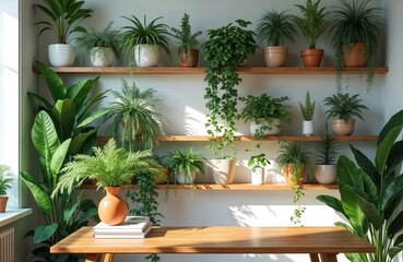 Fototapeta premium Rich green indoor plants fill shelves and a table. Various potted plants create a natural, calm atmosphere. Sunlight casts shadows on the wall.