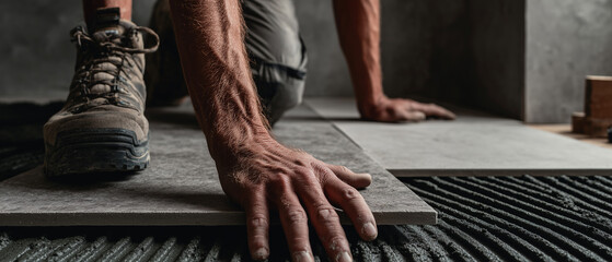 Worker laying floor tiles in modern apartment bathroom during renovation
