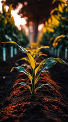 Young corn sprout backlit by sunlight symbolizing growth and agriculture