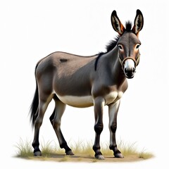 Obraz premium Gray donkey stands in sparse grass. Equine mammal has long ears and a rope halter. This domestic animal is looking forward against white backdrop. It is a farm animal.
