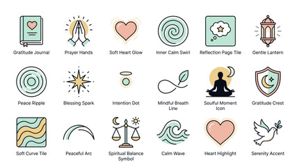 Fototapeta premium Find inner peace with this collection of mindfulness and wellness icons, perfect for promoting relaxation, meditation, and spiritual growth, designed for clarity