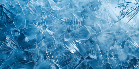 Abstract Blue Ice Texture with Sharp Frozen Cracks and Crystalline Patterns. Winter nature background for cooling industry marketing, seasonal web design, or frozen food branding.