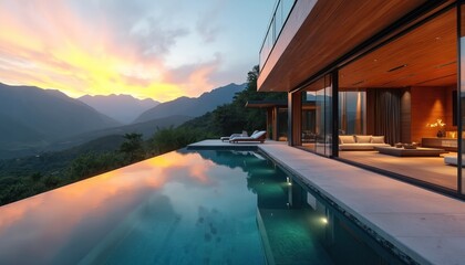 Modern luxury villa with infinity pool at sunset. Overlooks mountain landscape. Sleek architecture blends with nature. Interior visible through glass walls, showing comfortable living space. Ideal