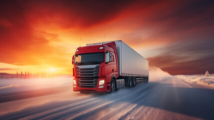 Red Semi-Truck Hauling a Cargo Trailer on a Snowy Highway at Sunset. Logistics and transportation concept for winter freight delivery, supply chain management, or long-haul trucking industries.