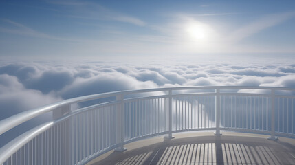 Empty Modern Balcony Terrace Overlooking a Soft Sea of Clouds at High Altitude. Conceptual background for meditation, mental clarity, future vision, and tranquil luxury travel marketing.
