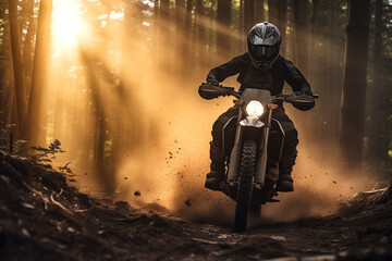 Enduro Rider Racing Through a Sun-Drenched Forest Trail. High-adrenaline sports concept for outdoor adventure brands, motorcycle gear catalogs, and extreme lifestyle marketing.