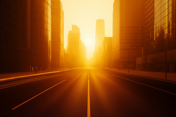 Intense Urban Heat Wave Over an Empty City Boulevard During a Hazy Golden Sunset. Climate change and global warming concept for environmental reporting, ecology news, or heat stress awareness.