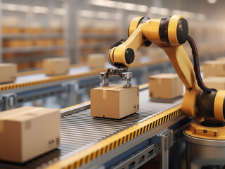 Automated Industrial Robotic Arm Picking Cardboard Boxes on a Smart Warehouse Conveyor. Technology concept for Industry 4.0, logistics automation, AI supply chain, and future manufacturing.