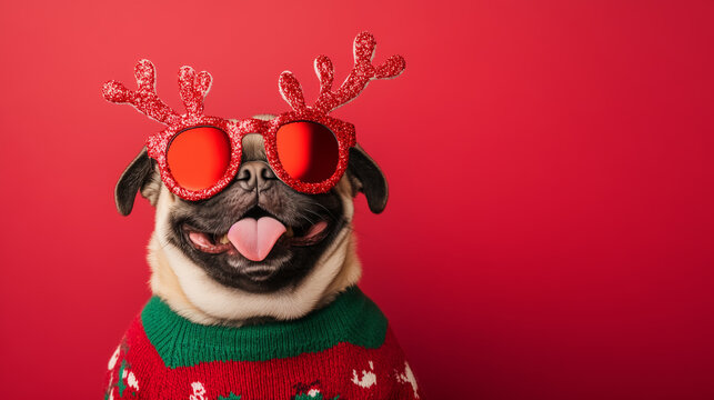 Pug Dog Wearing Glittery Reindeer Antler Glasses and a Red Christmas Sweater. Humorous holiday pet concept for festive greeting cards, seasonal advertising, or quirky animal social media content.