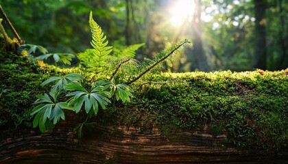 lush greenery on a mossy log