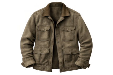 Stylish suede jacket with a brown collar on a transparent background