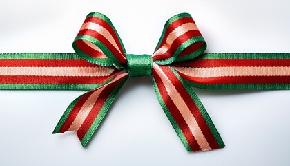 closeup of a green and red striped ribbon bow isolated on white background