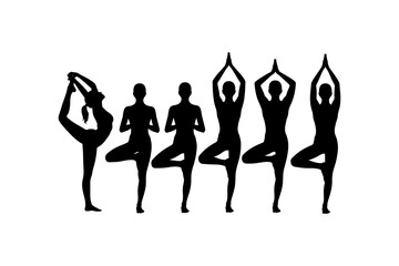 Fototapeta premium Yoga silhouette collection of women in tree pose and king dancer pose. Minimalist black yoga figures set on white background. Zen fitness exercise icons.