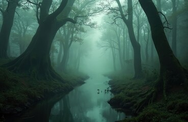 Misty forest stream winds between ancient mossy trees. Deep green woods with low visibility shrouded in thick fog. Serene, mysterious, and eerie atmosphere with reflections in water.