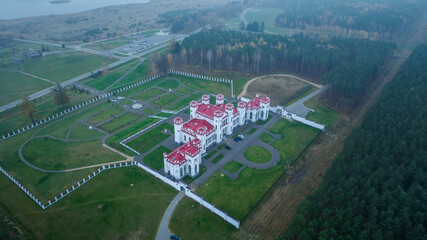 Aerial view of Kosava Palace complex in Brest Region, Belarus