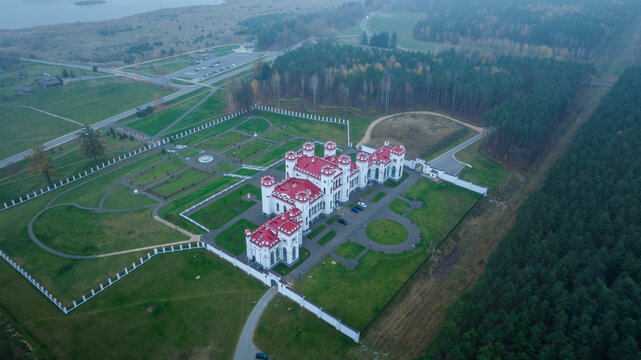 Aerial view of Kosava Palace complex in Brest Region, Belarus