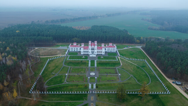 Aerial Neo Gothic Kosava Castle and gardens in Brest Region, Belarus