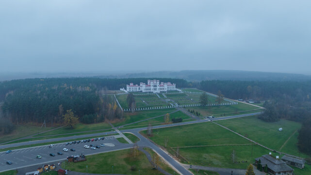 Aerial view of Kosava Castle and estate in western Belarus winter