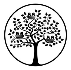 flowering tree with birds in nests in round isolated on white background