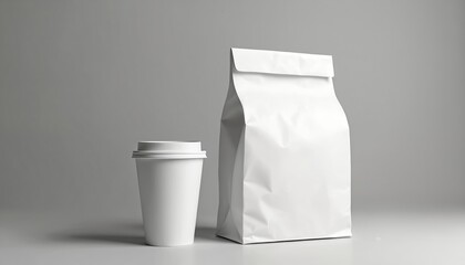 Fototapeta na wymiar White paper bag and disposable coffee cup set on grey background. Items are blank for custom branding and design. Useful for food and beverage service.