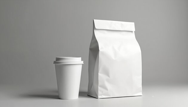 White paper bag and disposable coffee cup set on grey background. Items are blank for custom branding and design. Useful for food and beverage service.