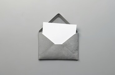 Open silver envelope with blank white paper inside. Awaiting message, correspondence, or invitation. Ready for sending or receiving mail, communicating personal or business details.