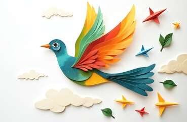 Obraz premium Colorful paper bird flies in sky with clouds, leaves, and origami stars. Whimsical illustration with vibrant rainbow wings evokes joy and freedom. Ideal for children books and fantasy themes.