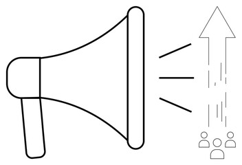Marketing, communication, public relations, social media outreach, brand awareness, business growth. Megaphone icon with sound waves and an upward arrow near a group of people. Marketing