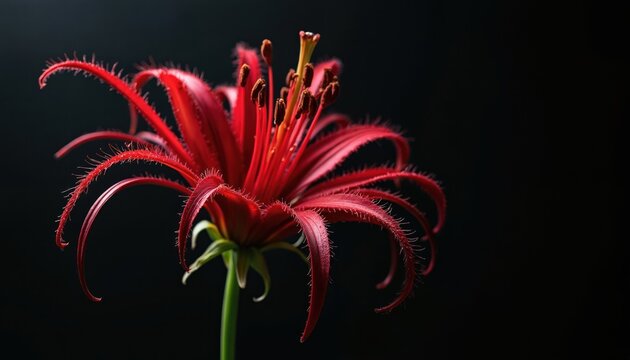 Red spider lily close up. Detailed macro view of exotic blooming flower with thin curved petals and fuzzy edges. Dark background emphasizes vibrant red color and intricate floral details.